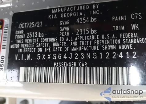 2022 Kia K5 Gt-Line z USA, uszkodzony, nr VIN 5XXG64J23NG122412